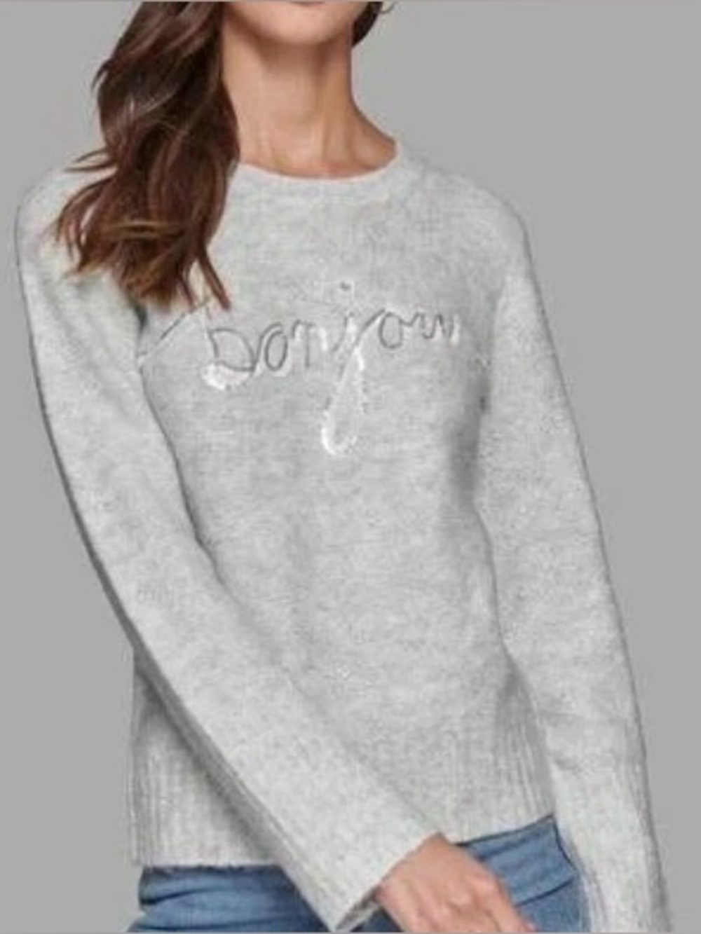 Karl Lagerfeld Paris BONJOUR SCRIPT LUREX SWEATER IN GRAY WOMENS M MEDIUM NEW